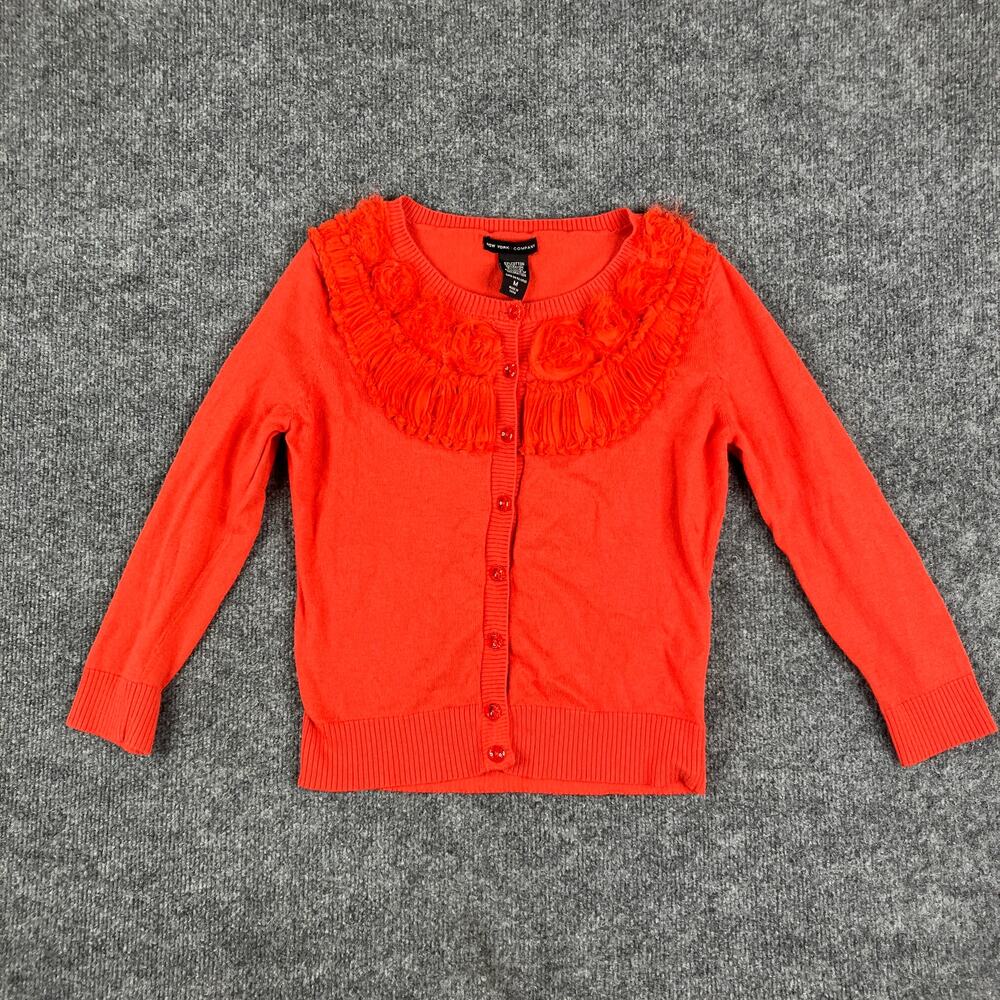 New York & Company Cardigan Womens M Red Button Front Long Sleeve Ruffle Trim